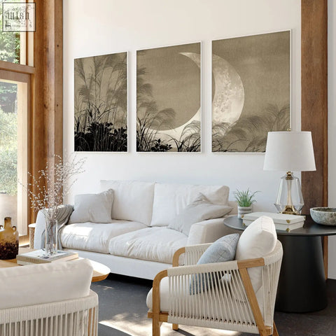 Three-panel sepia japandi crescent moon and pampas grass living room canvas art with thin white frames