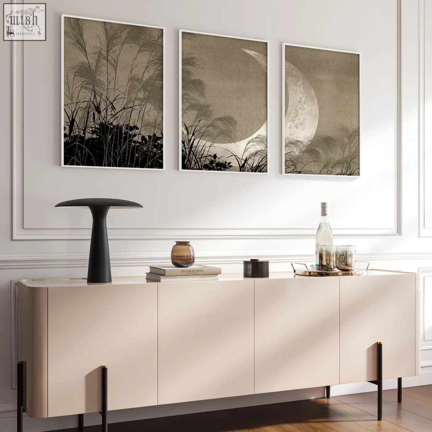 Beige modern sideboard with sleek minimalist design and black legs paired with japandi living room canvas art set