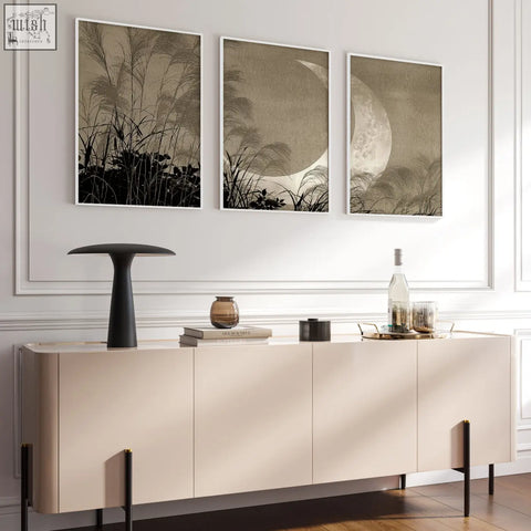 Beige modern sideboard with sleek minimalist design and black legs paired with japandi living room canvas art set