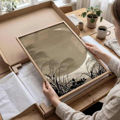 Minimalist living room canvas art set featuring black reed silhouettes on beige textured background in light wood frame