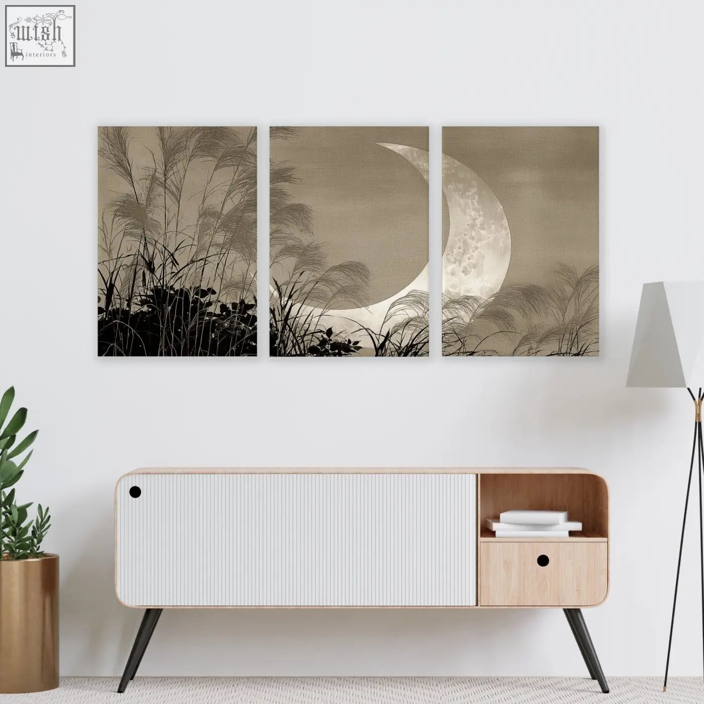 Three-panel sepia living room canvas art featuring crescent moon and pampas grass silhouettes in japandi style
