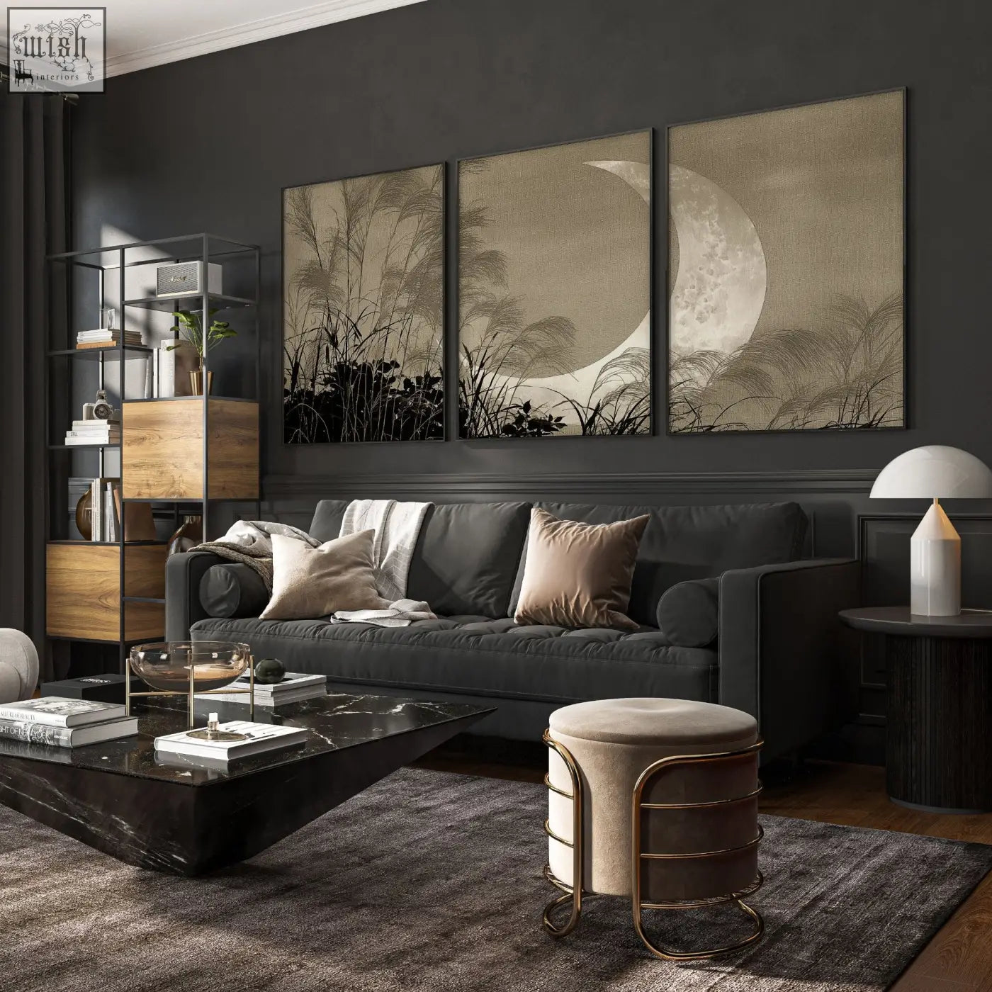 Dark gray velvet sofa with beige and taupe throw pillows beside japandi crescent moon pampas grass living room canvas art set