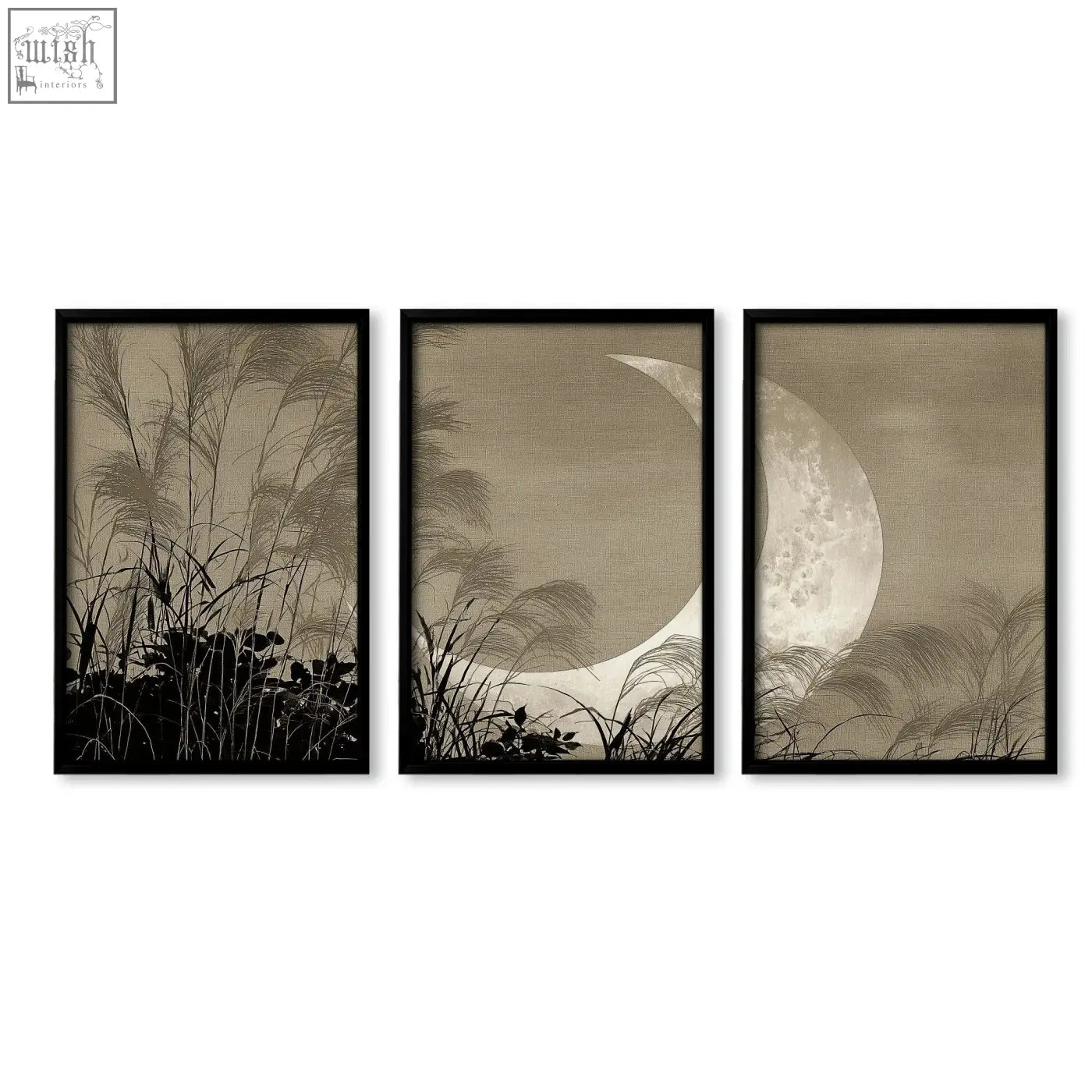 Set of 3 living room canvas art with japandi crescent moon and pampas grass silhouettes in sepia tones