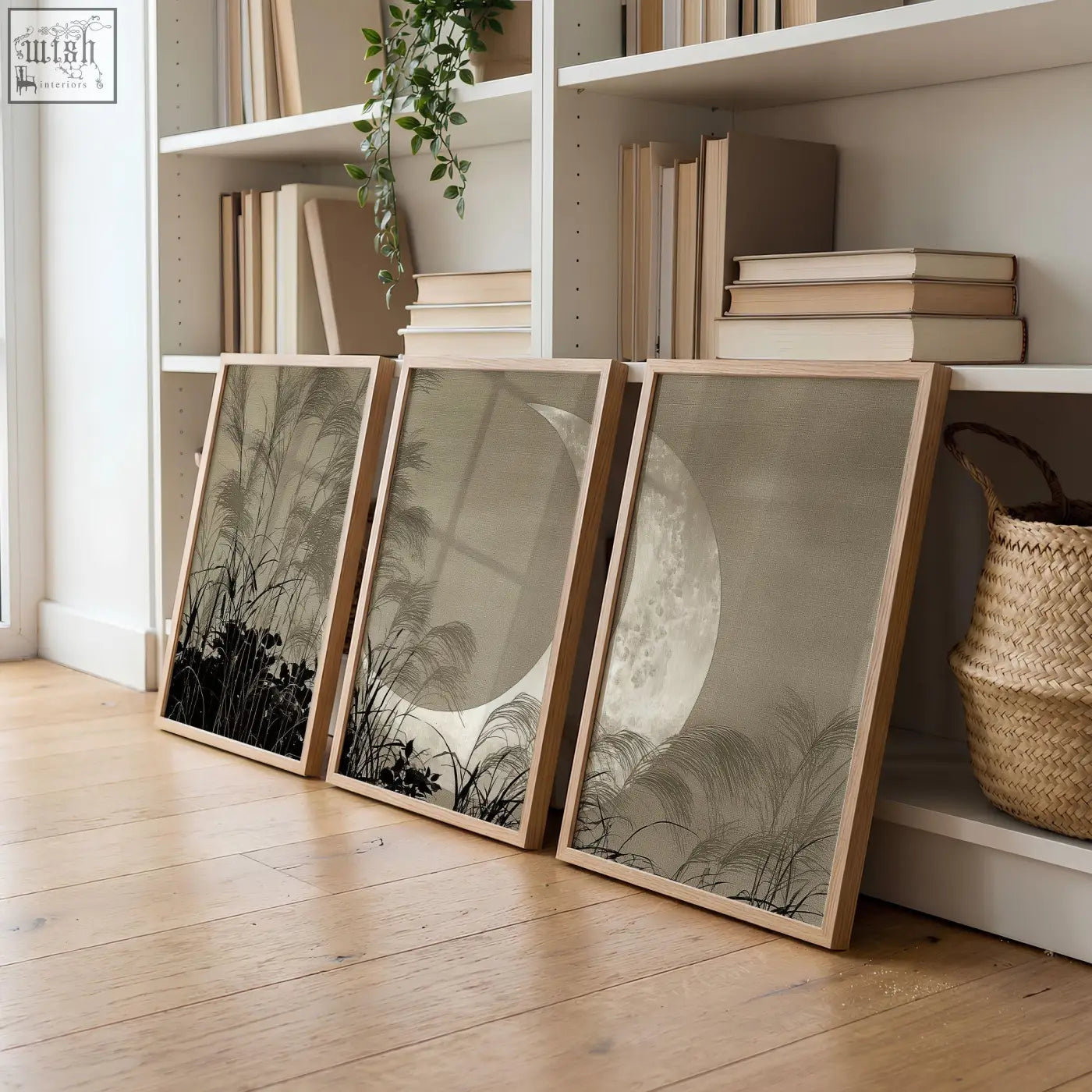 Three minimalist black and gray botanical framed prints perfect as japandi crescent moon and pampas grass living room canvas art