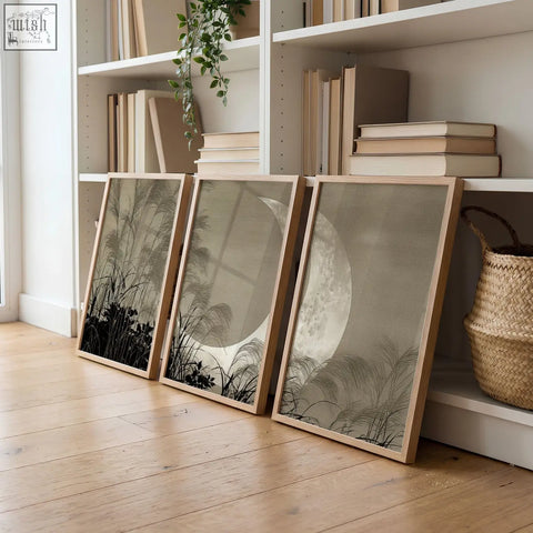 Three minimalist black and gray botanical framed prints perfect as japandi crescent moon and pampas grass living room canvas art