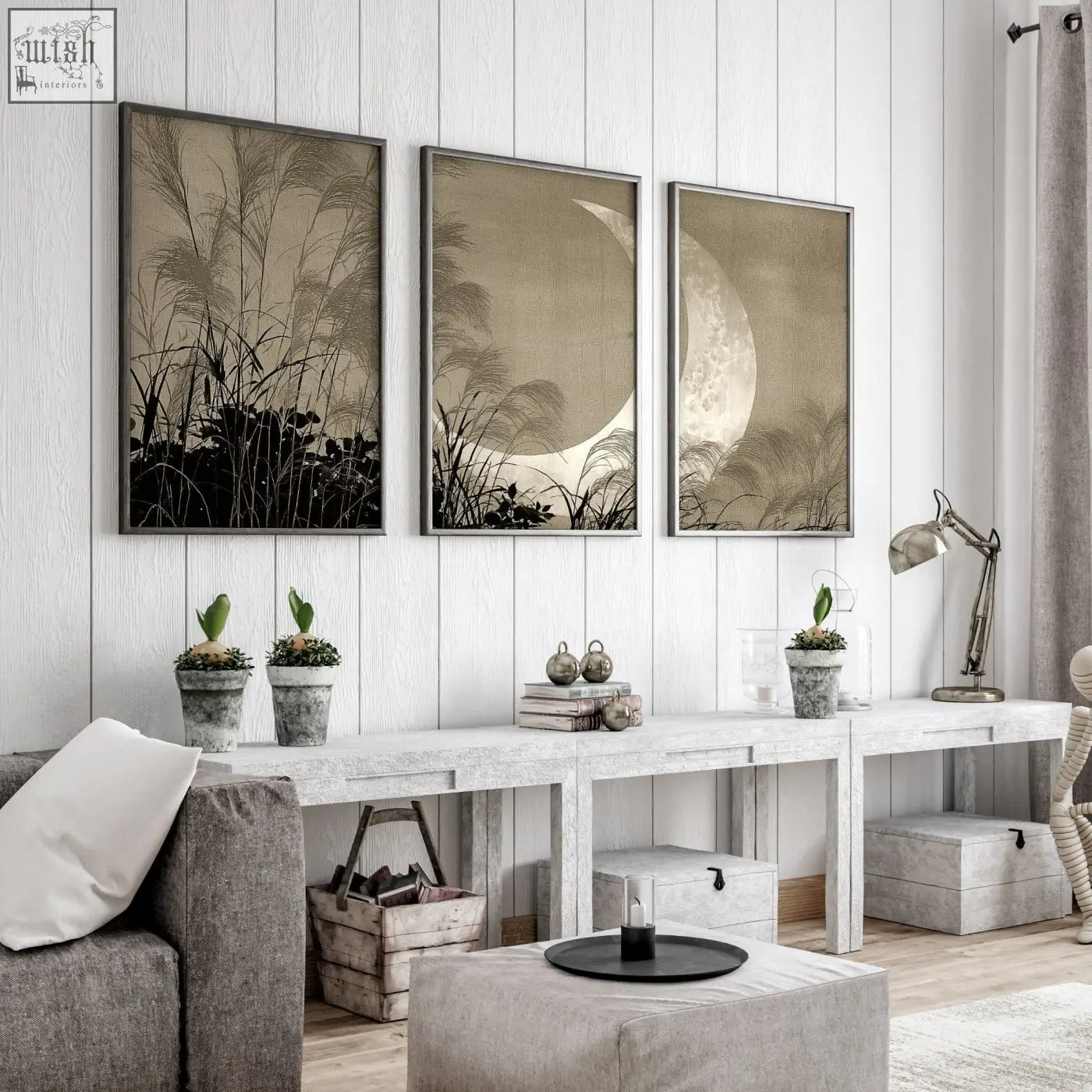 Three sepia-toned crescent moon and pampas grass living room canvas art framed above a white console table