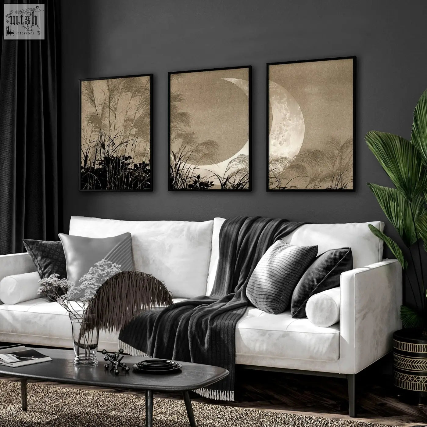 Three framed japandi crescent moon and pampas grass sepia tone living room canvas art set above white sofa