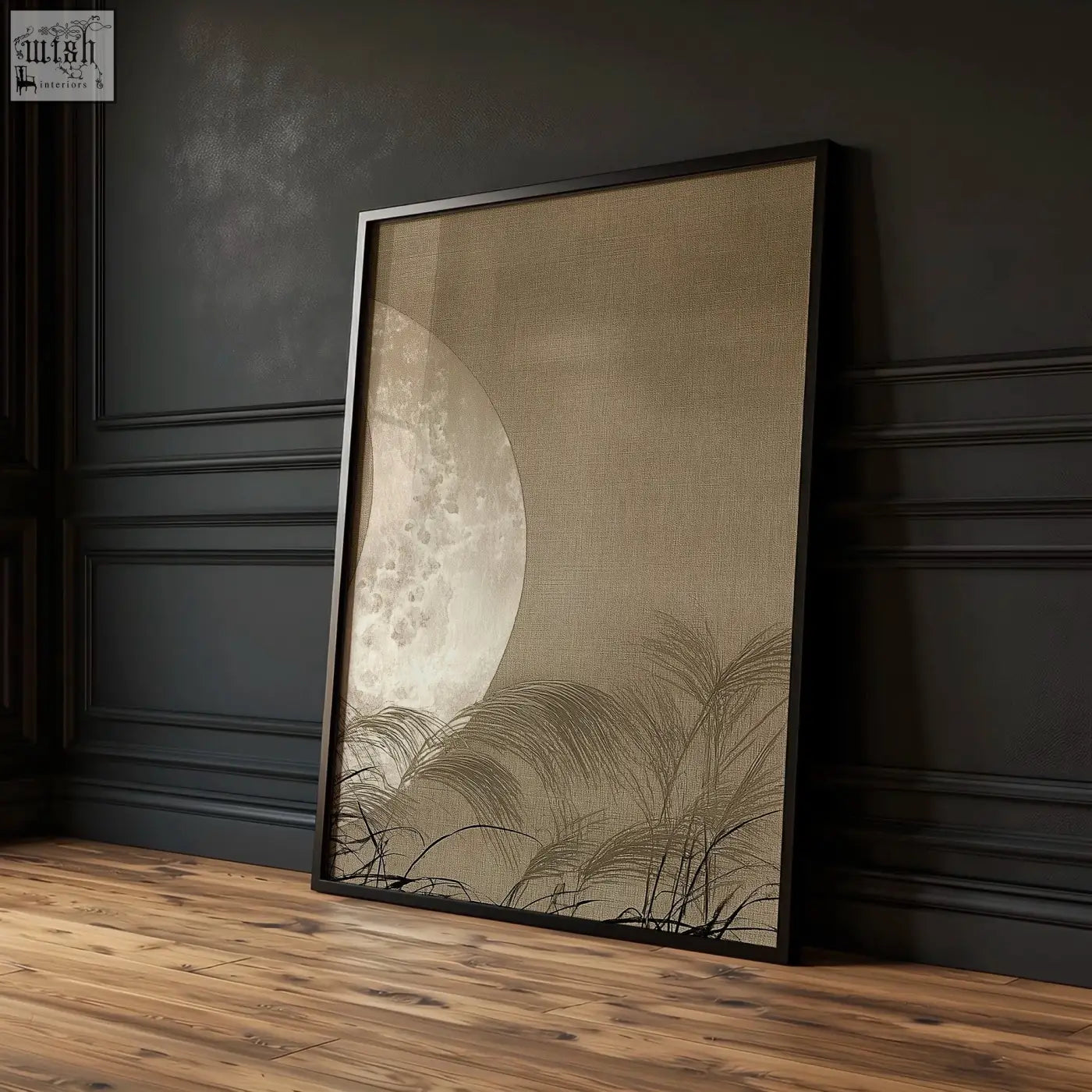 Minimalist black-framed living room canvas art with textured beige background silver moon and dark pampas grass silhouettes