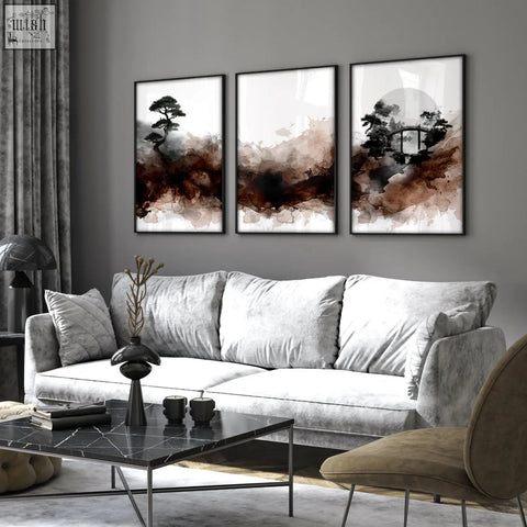 Set of three framed japandi ink wash wall art with black and brown watercolor splashes for living room decor