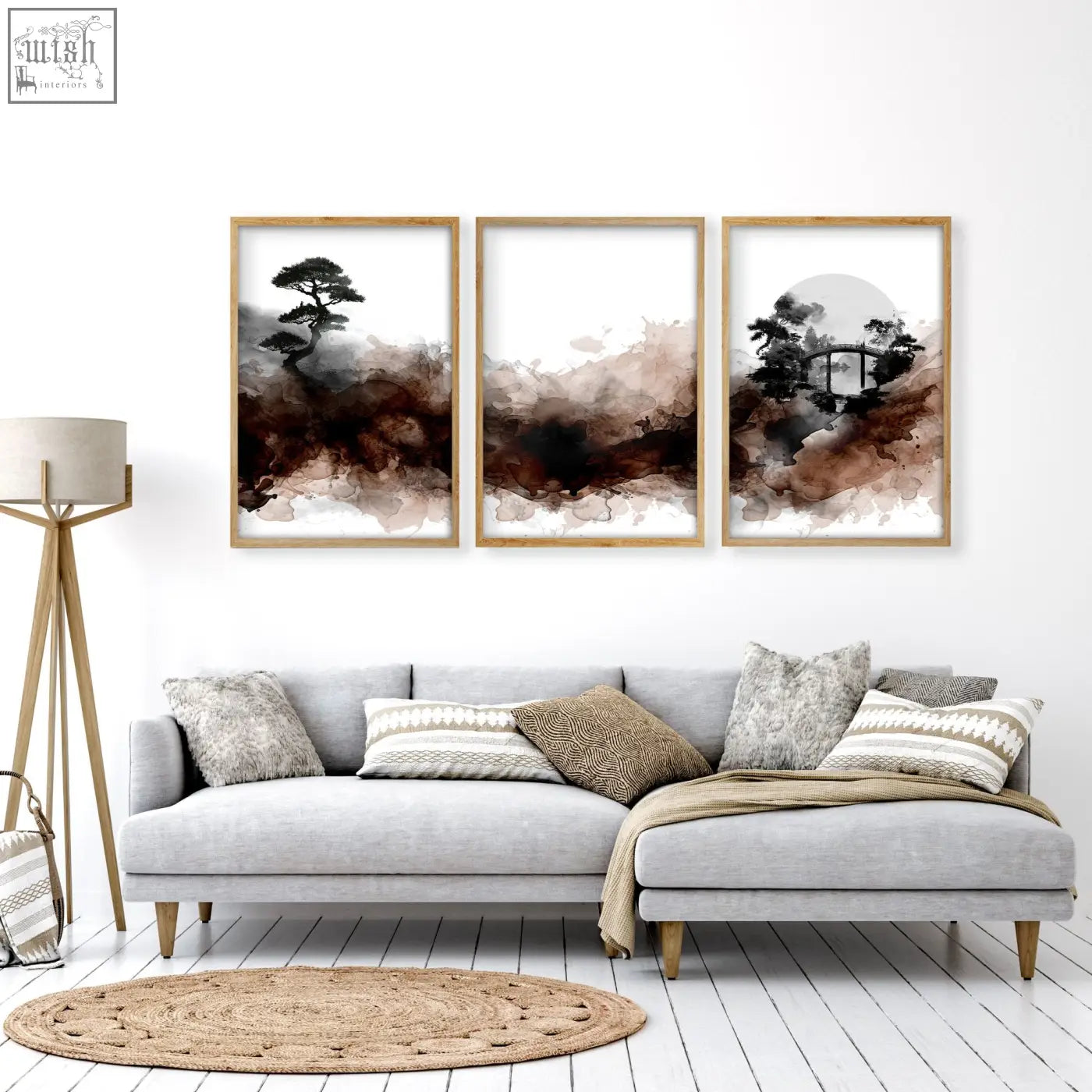 Three framed ink wash wall art pieces with minimalist bonsai bridge and moon scenes in brown tones for living room