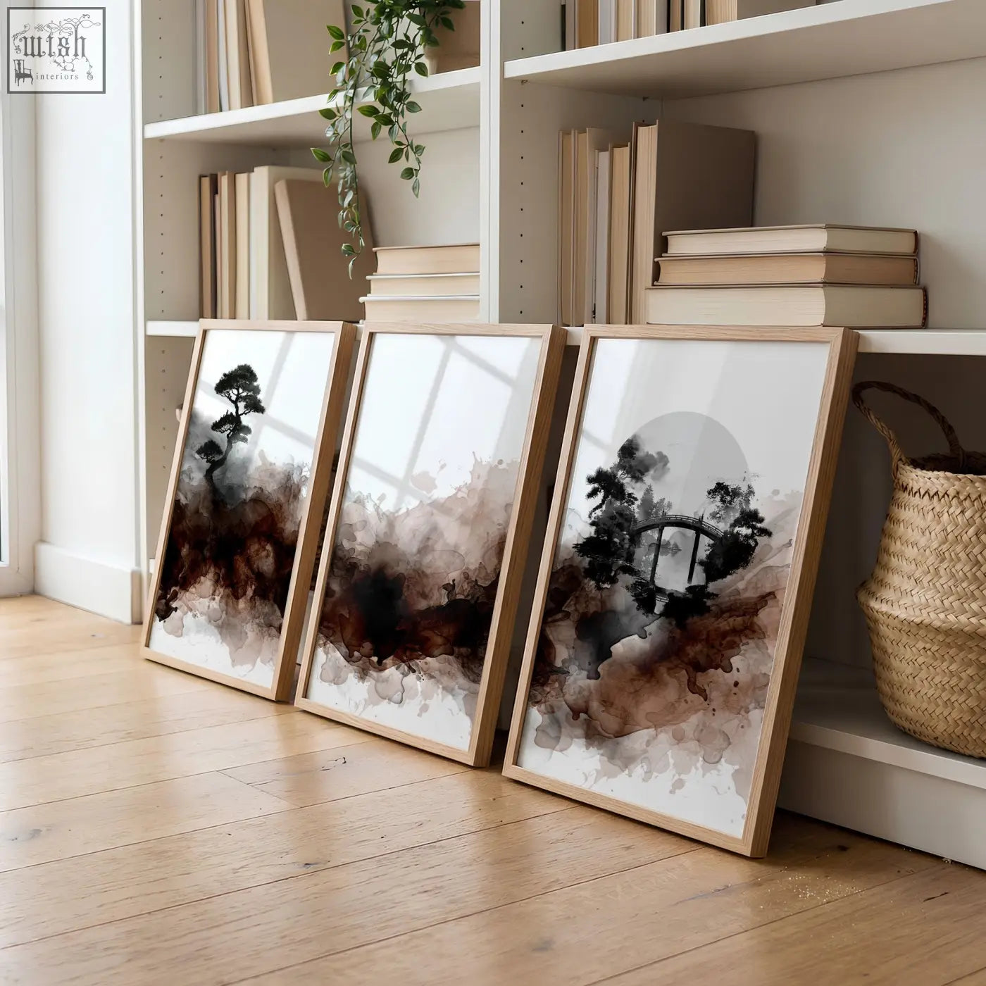 Three framed japandi ink wash wall art prints with dark tree silhouettes in brown tones for living room decor