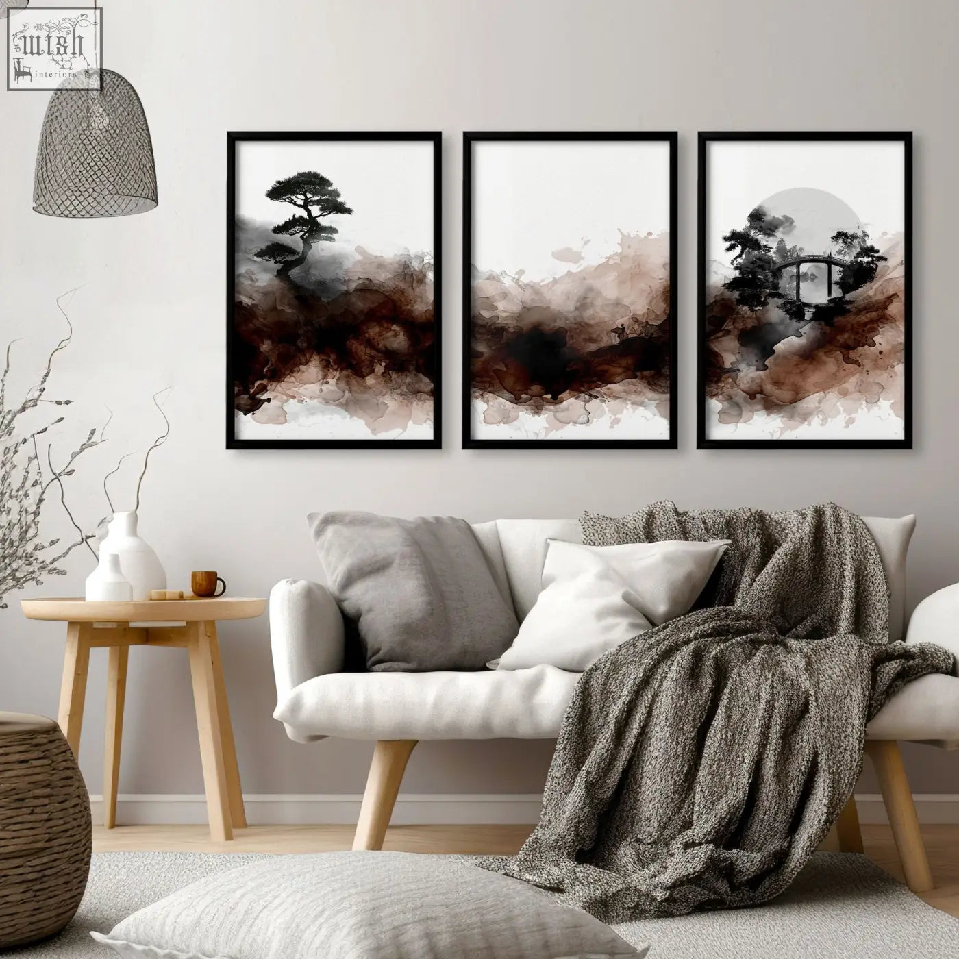 Three framed ink wash wall art with abstract japandi landscapes in brown tones perfect for living room decor