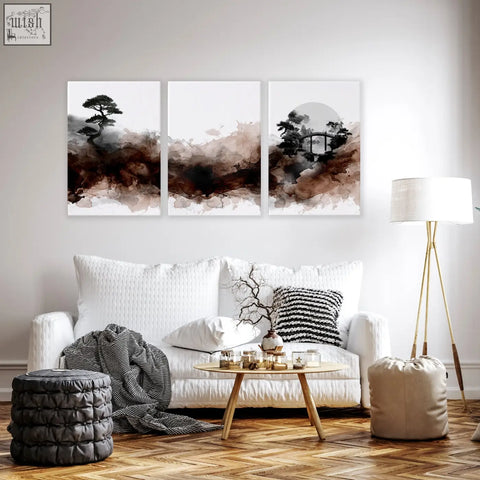 Three-panel japandi ink wash wall art canvas with bonsai bridge and moon in brown tones for living room decor