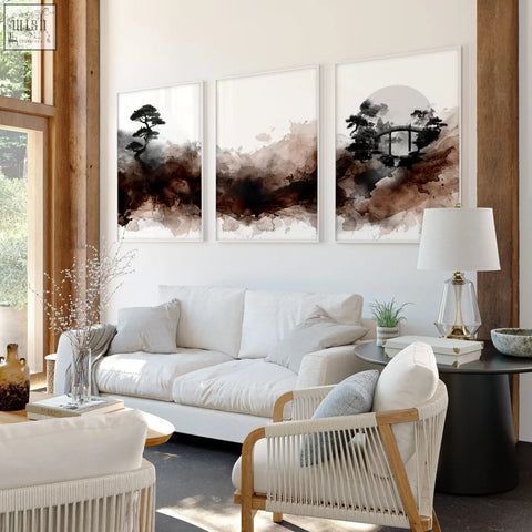 Three framed japandi ink wash wall art paintings with black tree silhouettes and brown tones for living room decor