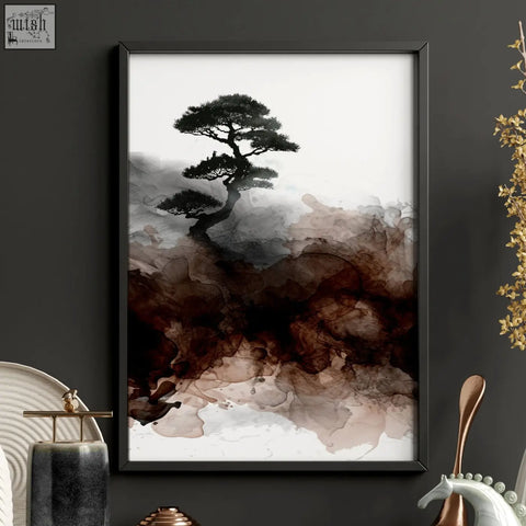 Black-framed japandi ink wash wall art with stylized pine tree silhouette and brown white tones for living room