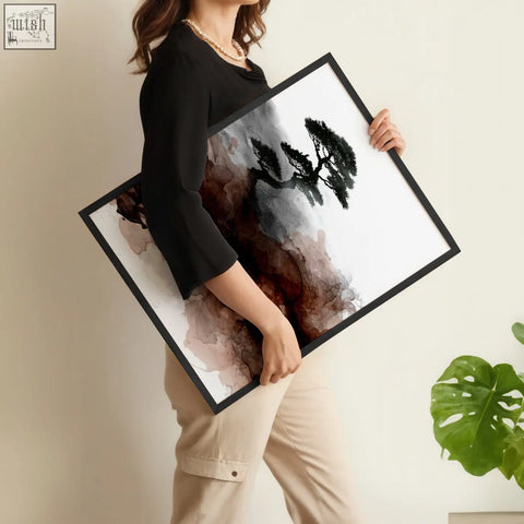 Black-framed japandi ink wash wall art featuring a stylized pine tree with brown and gray tones for living room