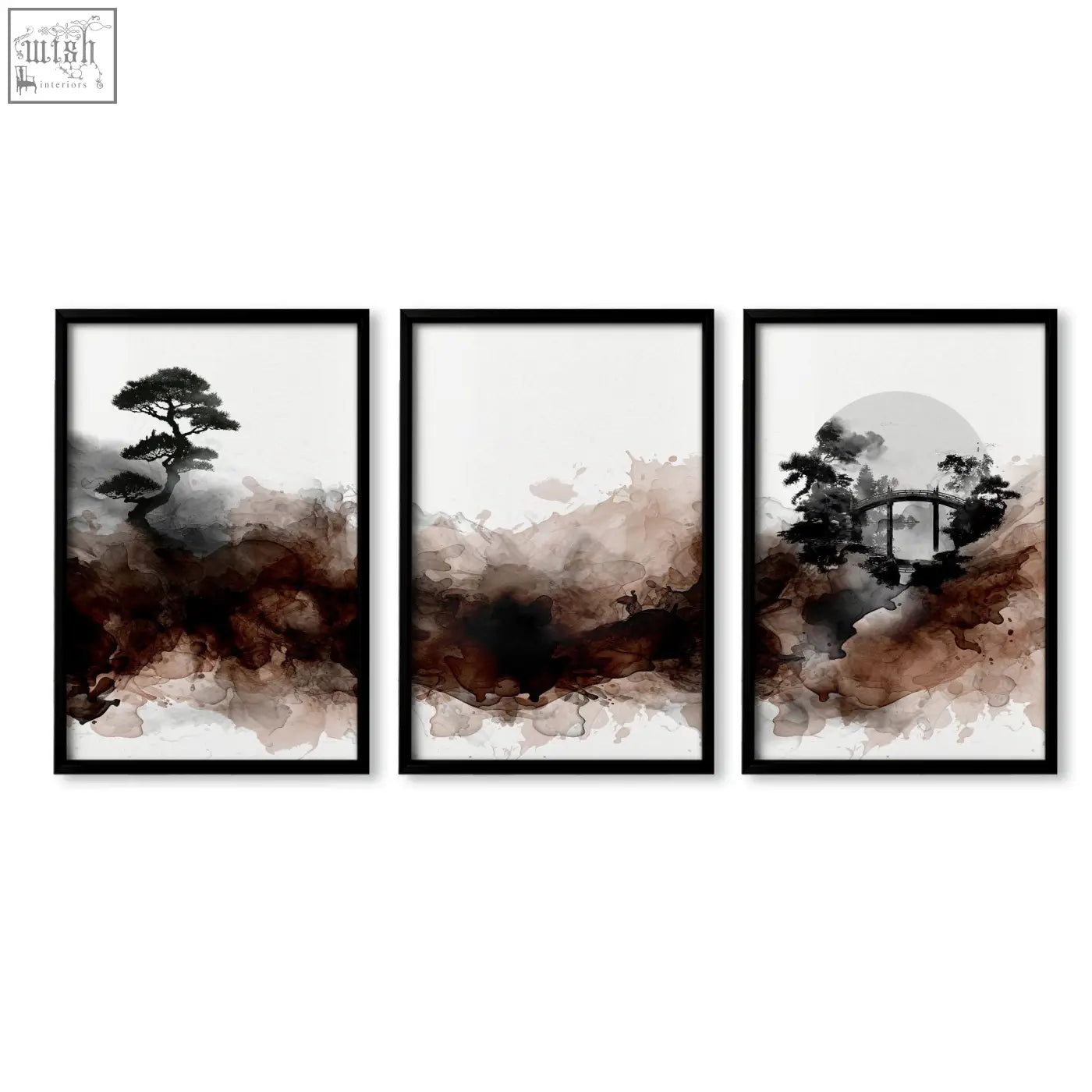 Set of three framed japandi ink wash wall art prints with bonsai bridge and moon in brown tones for living room