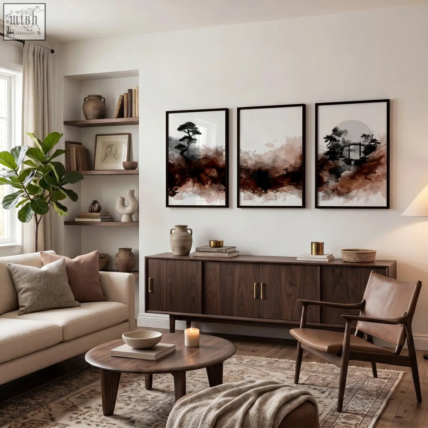 Set of three framed japandi ink wash wall art with bonsai bridge and moon in dark brown tones for living room