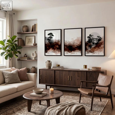 Set of three framed japandi ink wash wall art with bonsai bridge and moon in dark brown tones for living room