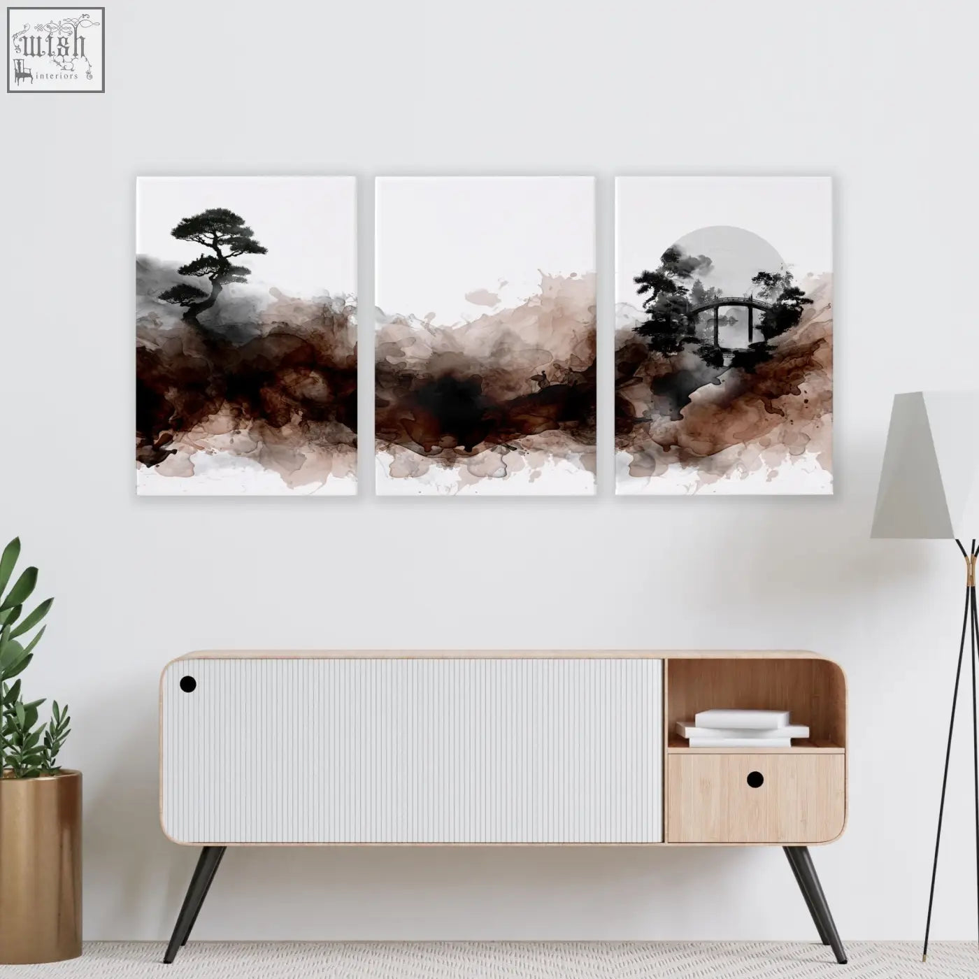 Three-panel japandi ink wash wall art with misty mountains bonsai and moon in brown tones for living room decor