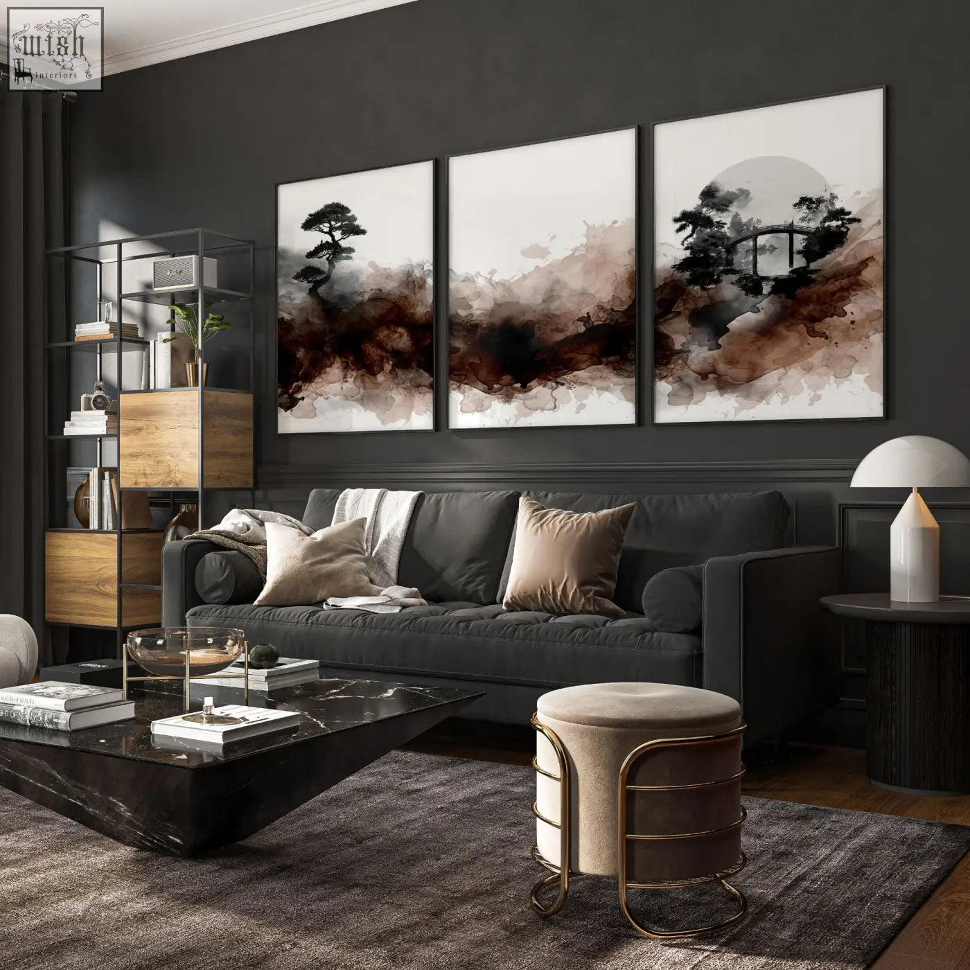 Three-panel japandi ink wash wall art with earthy brown tones for living room featuring bonsai bridge and moon design