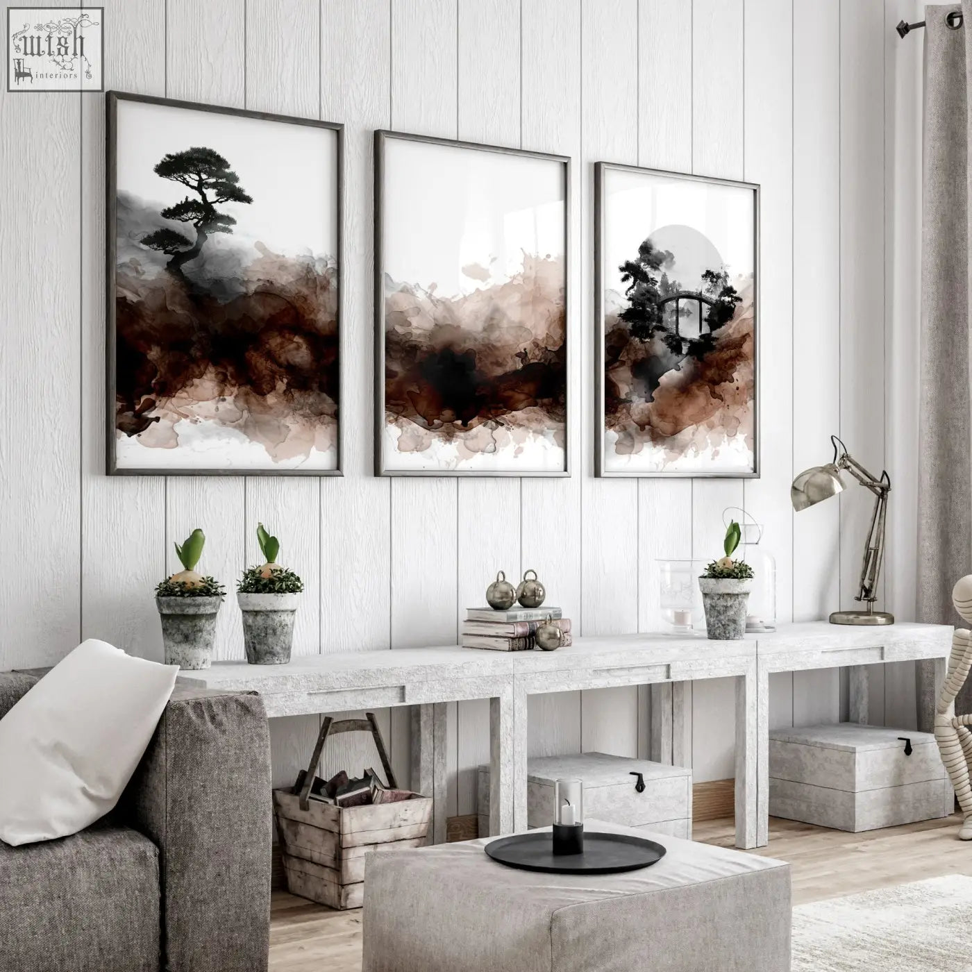 Three framed ink wash wall art prints with dark brown and black tree silhouettes for living room decor