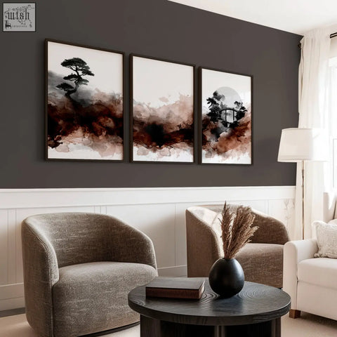 Black matte ceramic vase with dried pampas grass next to japandi ink wash wall art canvas for living room decor