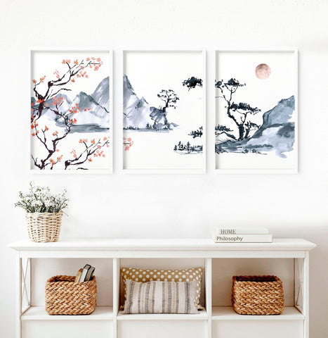Japanese cherry blossom tree | set of 3 framed wall art