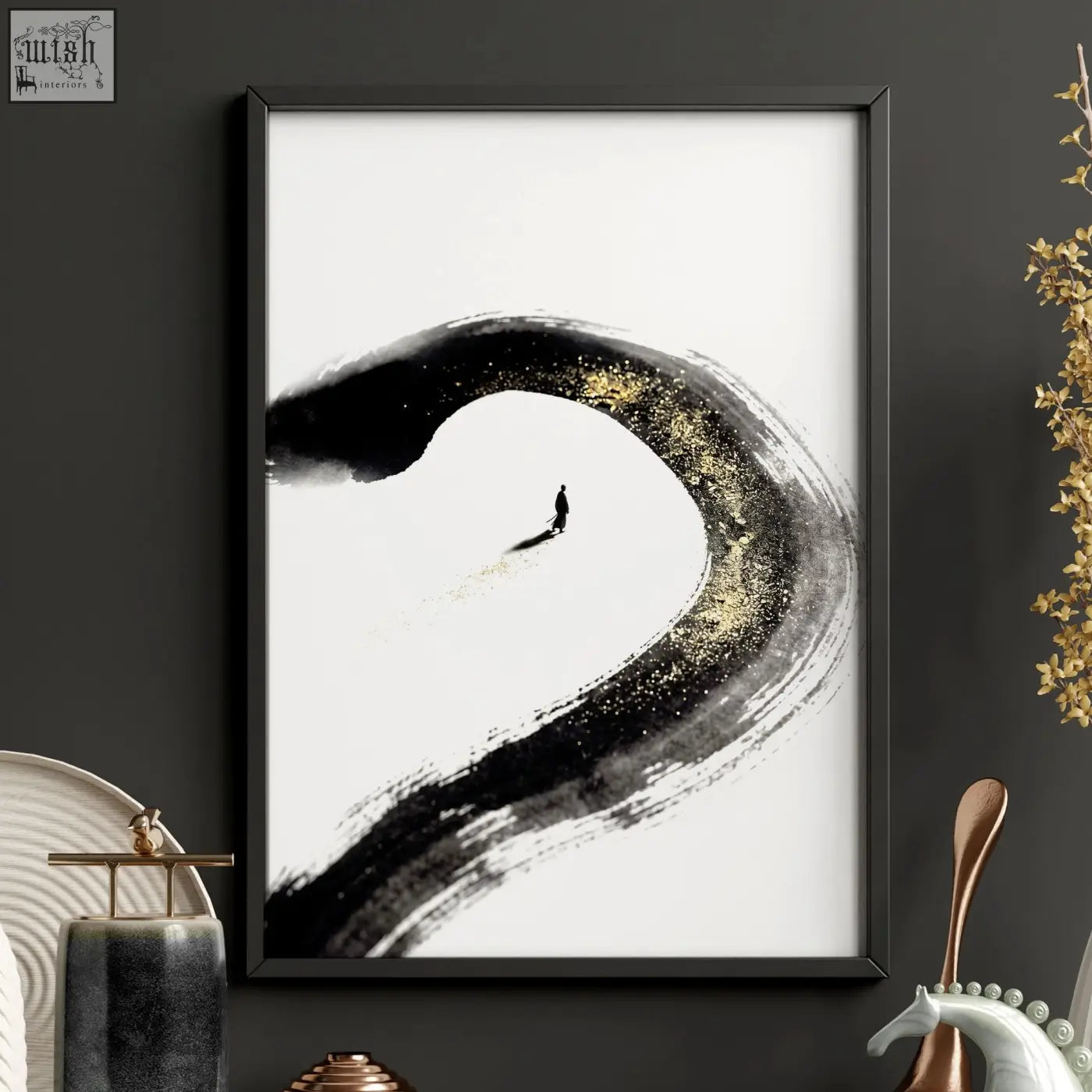 Black-framed japandi wall decor featuring bold black and gold brushstroke with solitary figure walking through curve