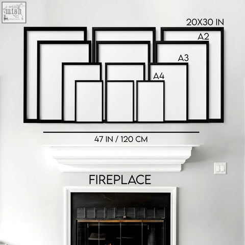 Set of 3 japandi wall decor black ink brush minimalist picture frames with gold-toned accents above fireplace