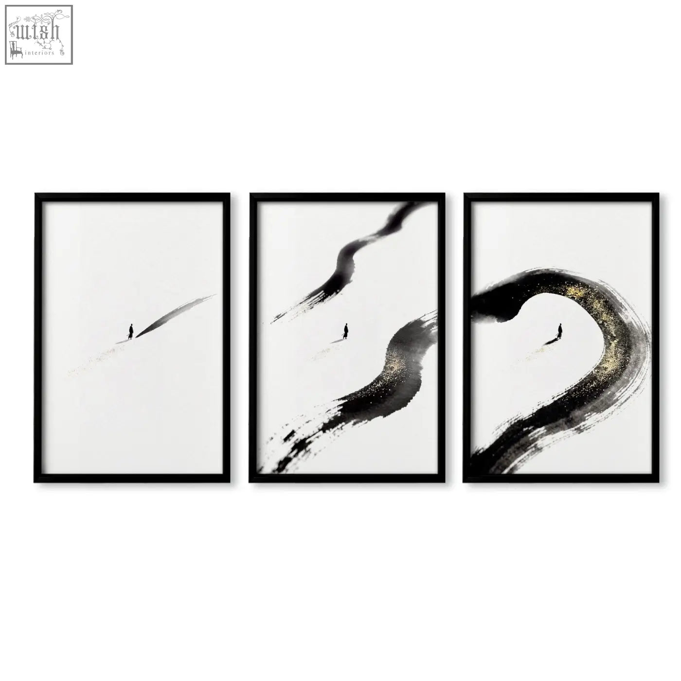 Set of three japandi wall decor prints with black ink brushstrokes and gold-toned accents in minimalist frames