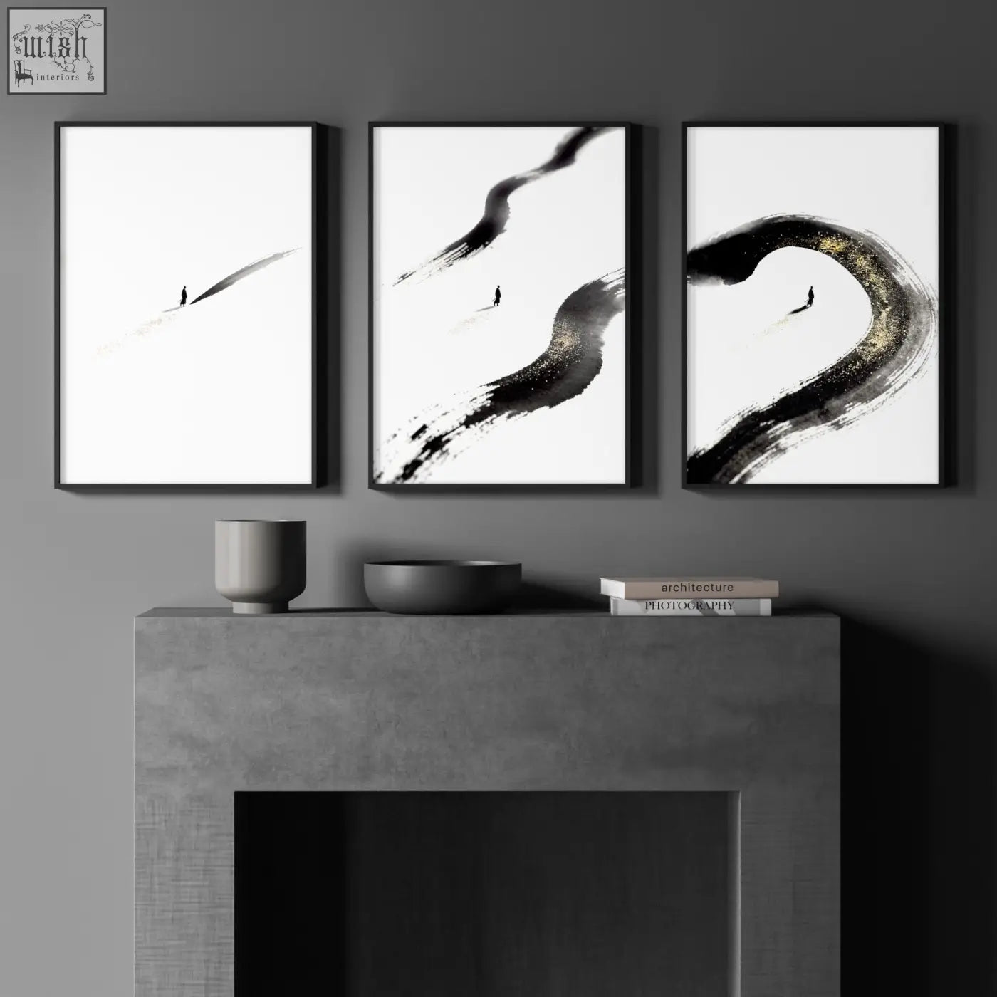 Three minimalist black-framed japandi wall decor prints with bold black brushstrokes and gold accents above concrete mantel