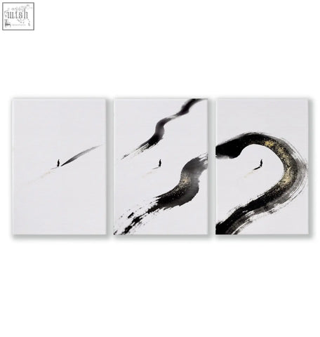 Three-panel japandi wall decor featuring black ink brushstrokes and gold-toned accents on white canvas
