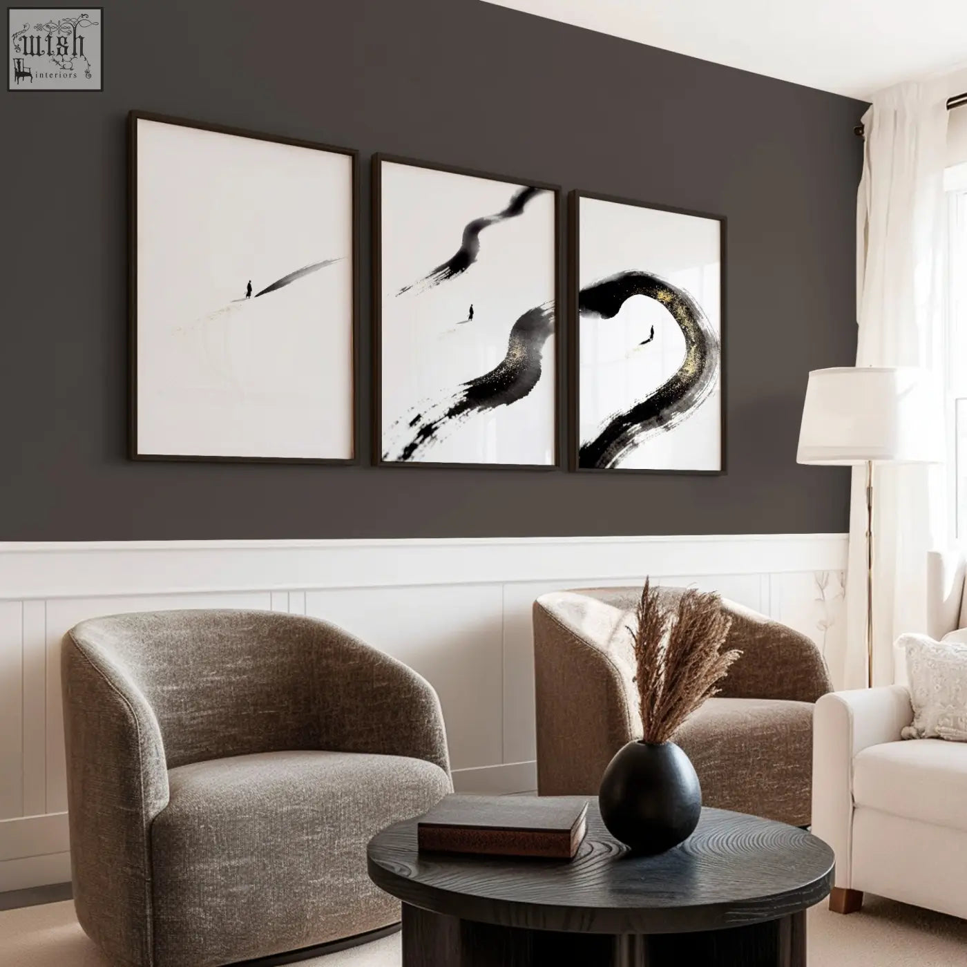 Black ceramic vase with dried pampas grass complements japandi wall decor with gold toned accents set of 3