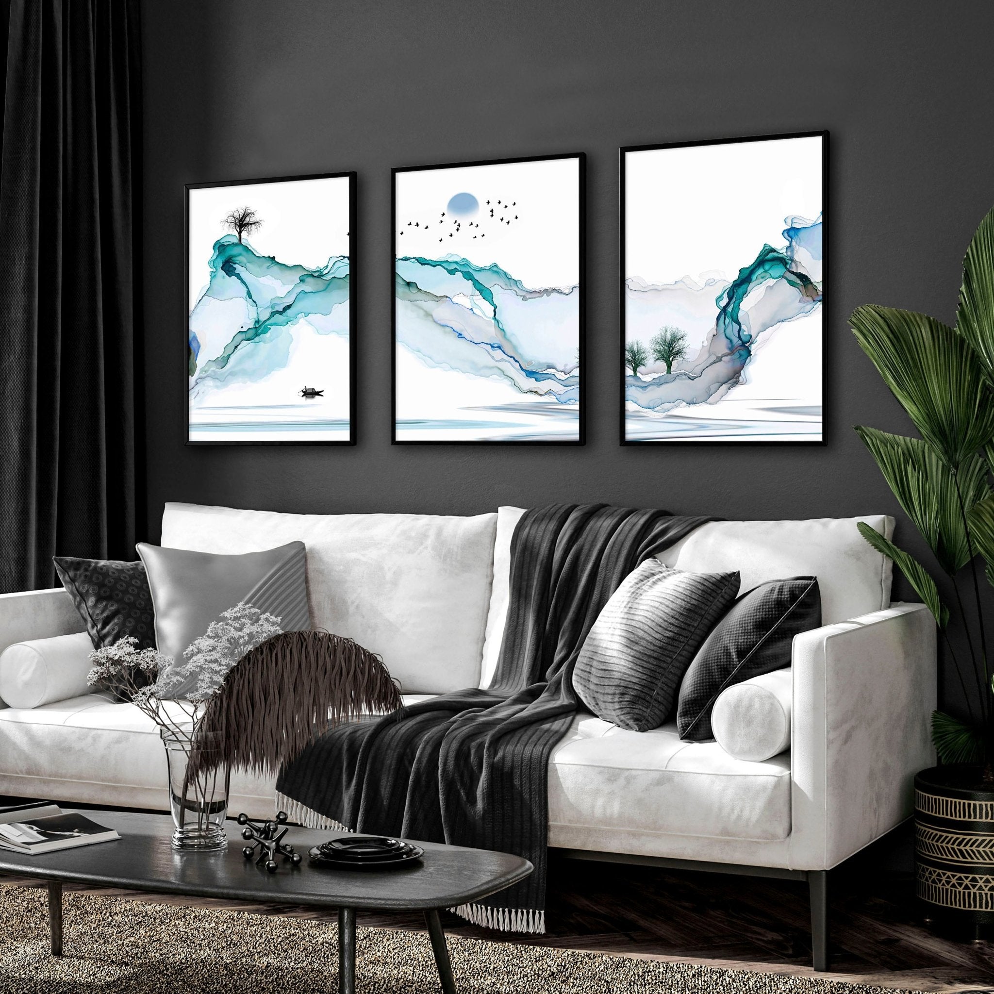 Art print set of 3 | Teal Japanese wall art print for living room