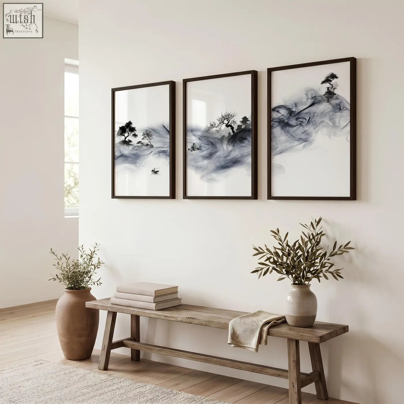 Three framed black and white ink wash landscape art prints with minimalist trees fisherman and pagoda in dark wood frames