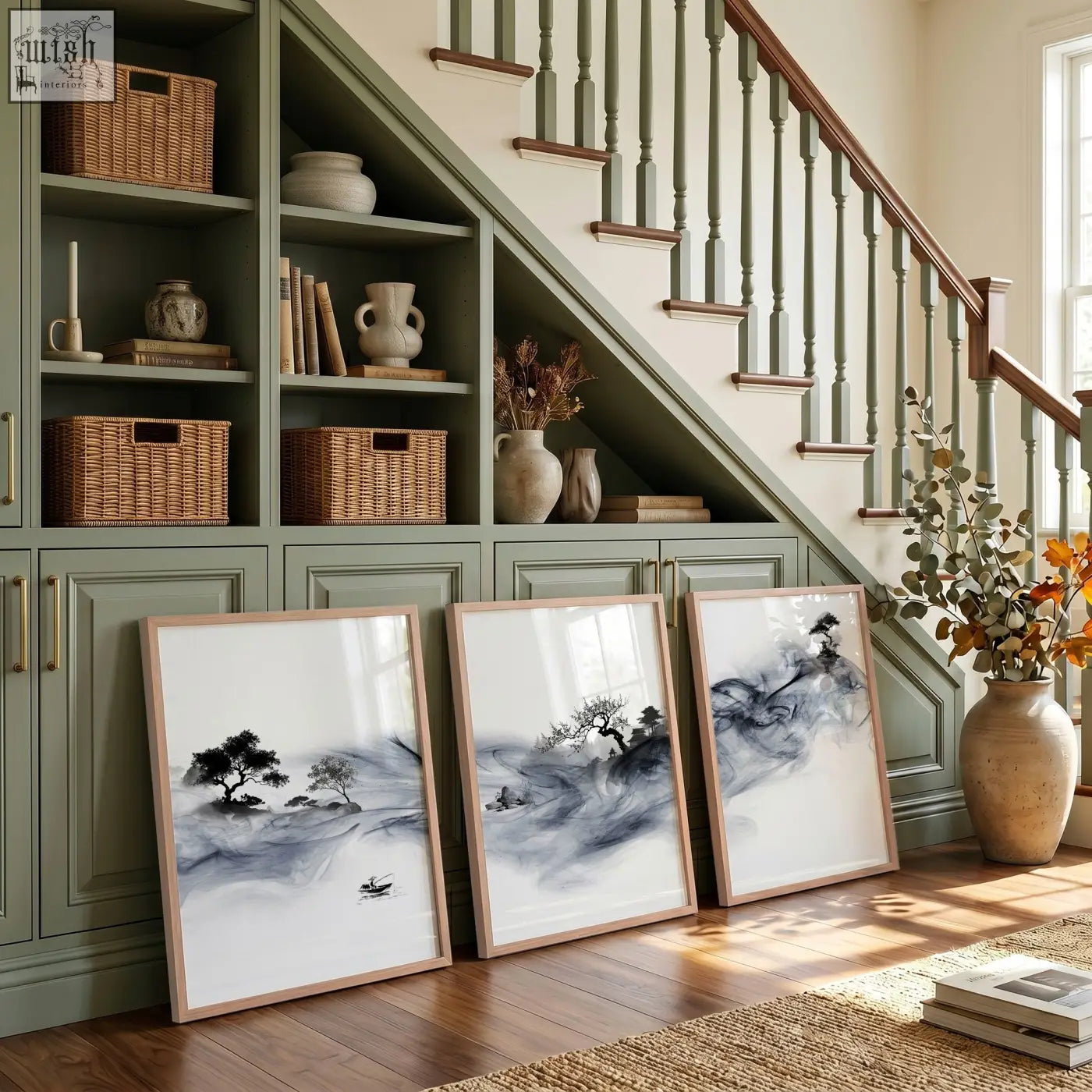 Three framed ink wash landscape art prints with fisherman trees and pagoda leaning against green cabinet under stairs