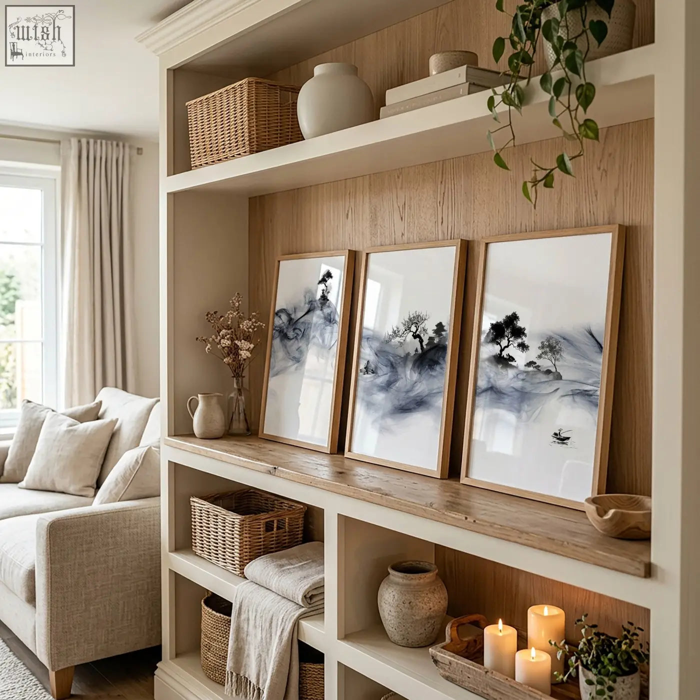 Three black and white ink wash landscape art prints featuring fisherman trees and pagoda in minimalist wooden frames on shelf