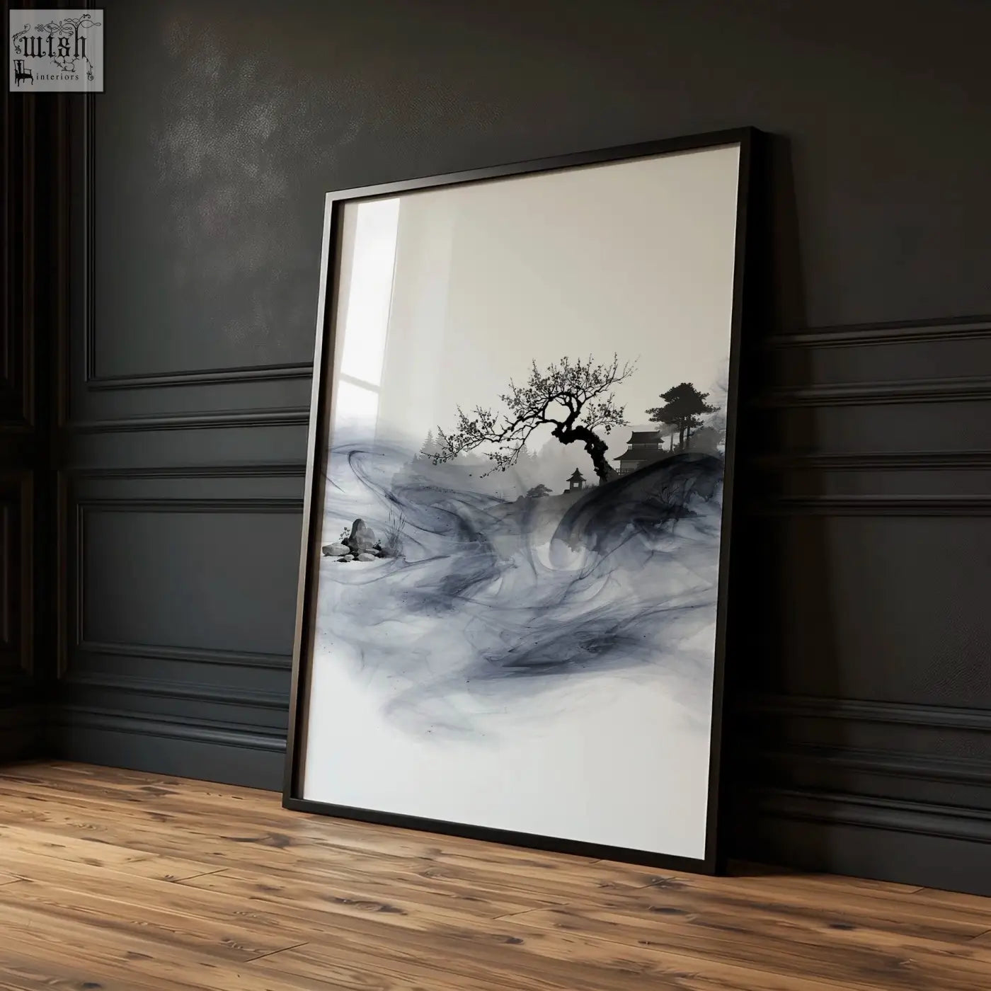 Black-framed ink wash landscape art print featuring a solitary tree and misty mountains from japanese art prints uk