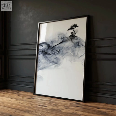 Black-framed minimalist art print featuring a delicate ink wash landscape with a bonsai tree in misty forms