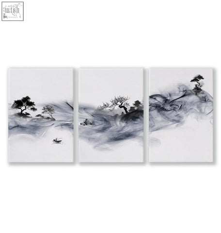 Three-panel black-and-white ink wash landscape art prints on white canvas featuring fisherman trees and pagoda
