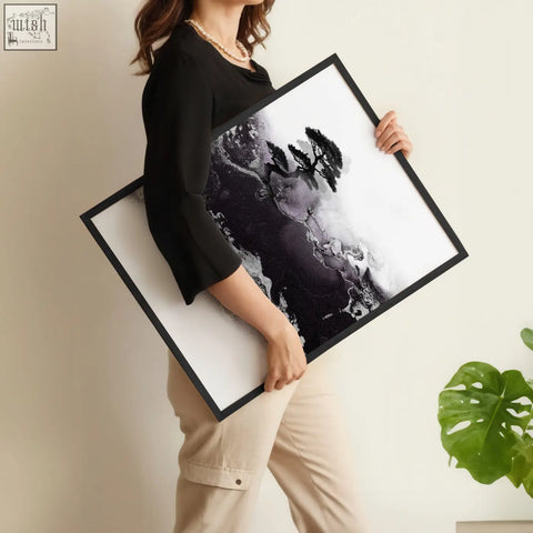 Black-framed japanese canvas art featuring inkblot-style trees on white background in a set of 3 canvas art panels