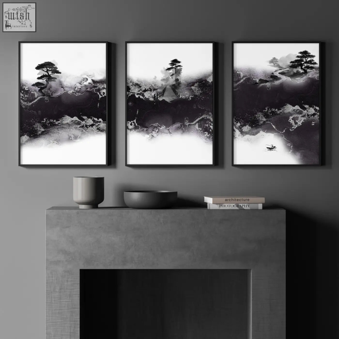 Three black-framed minimalist japanese canvas art prints with ink wash landscapes of misty mountains and pine trees