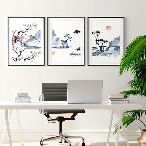 Japanese Cherry Blossom Art | set of 3 wall art prints