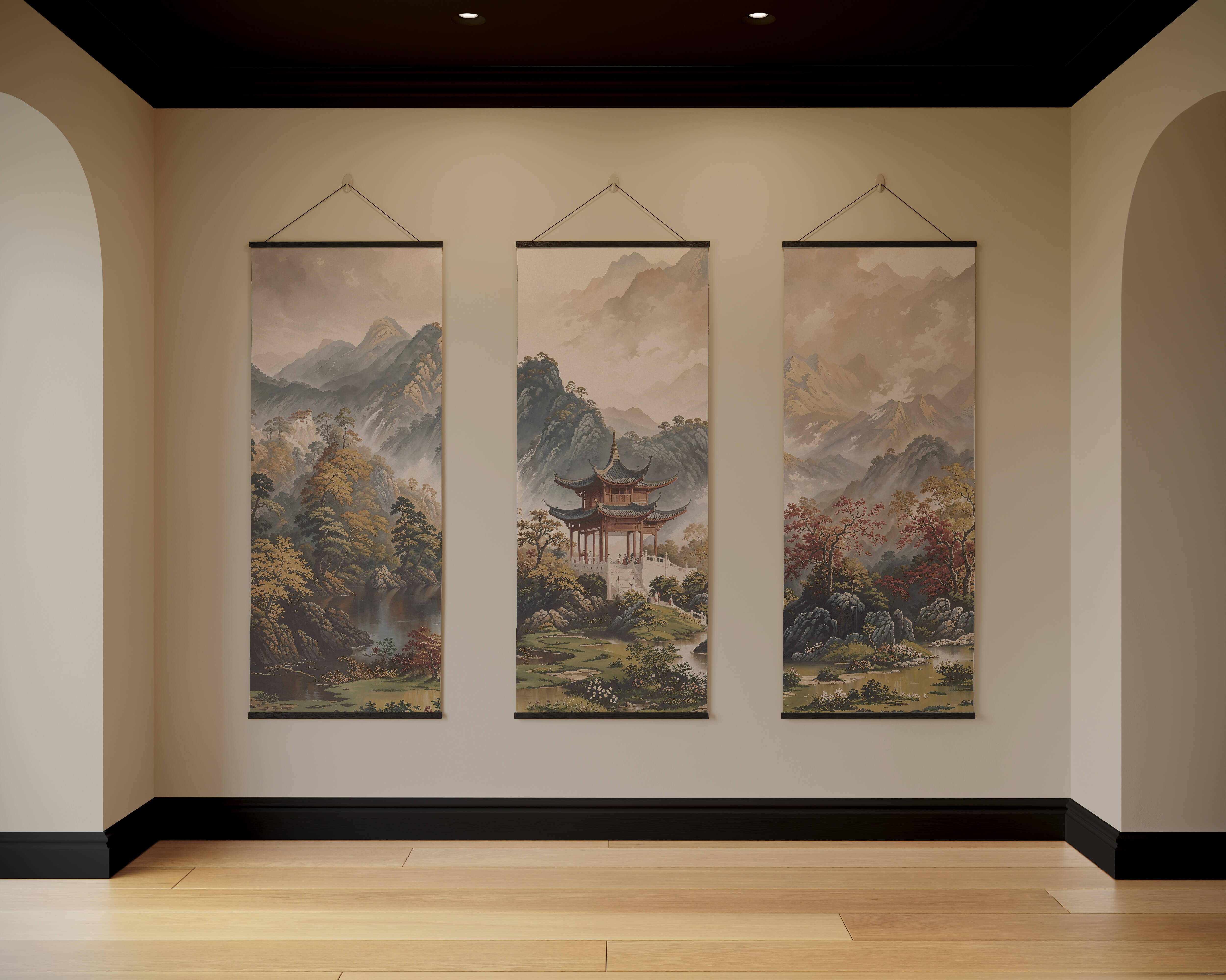 Three vertical scroll paintings in ink wash style with earth tone chinese mountains and pagodas japanese garden tapestry
