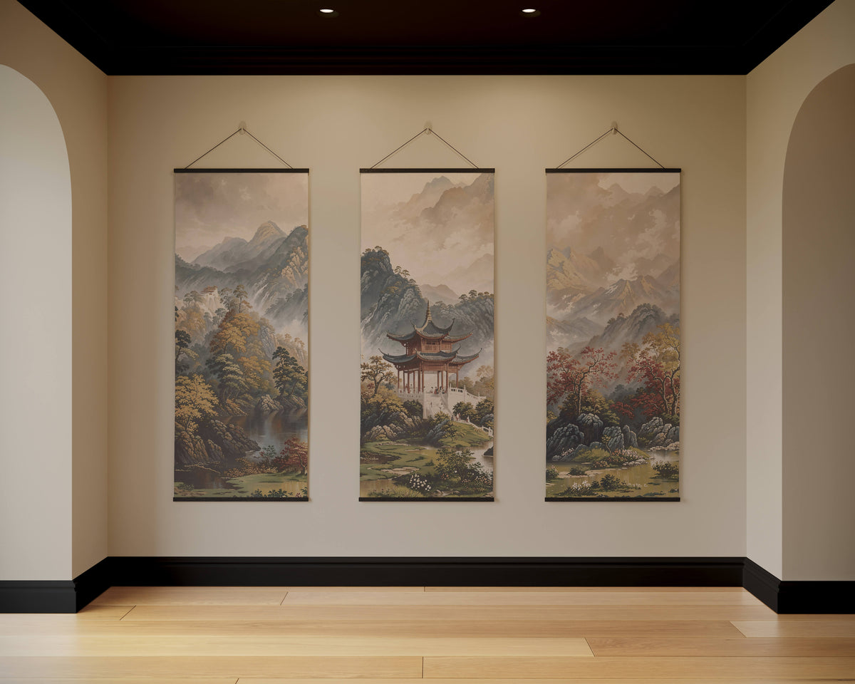 Three vertical scroll paintings in ink wash style with earth tone chinese mountains and pagodas japanese garden tapestry