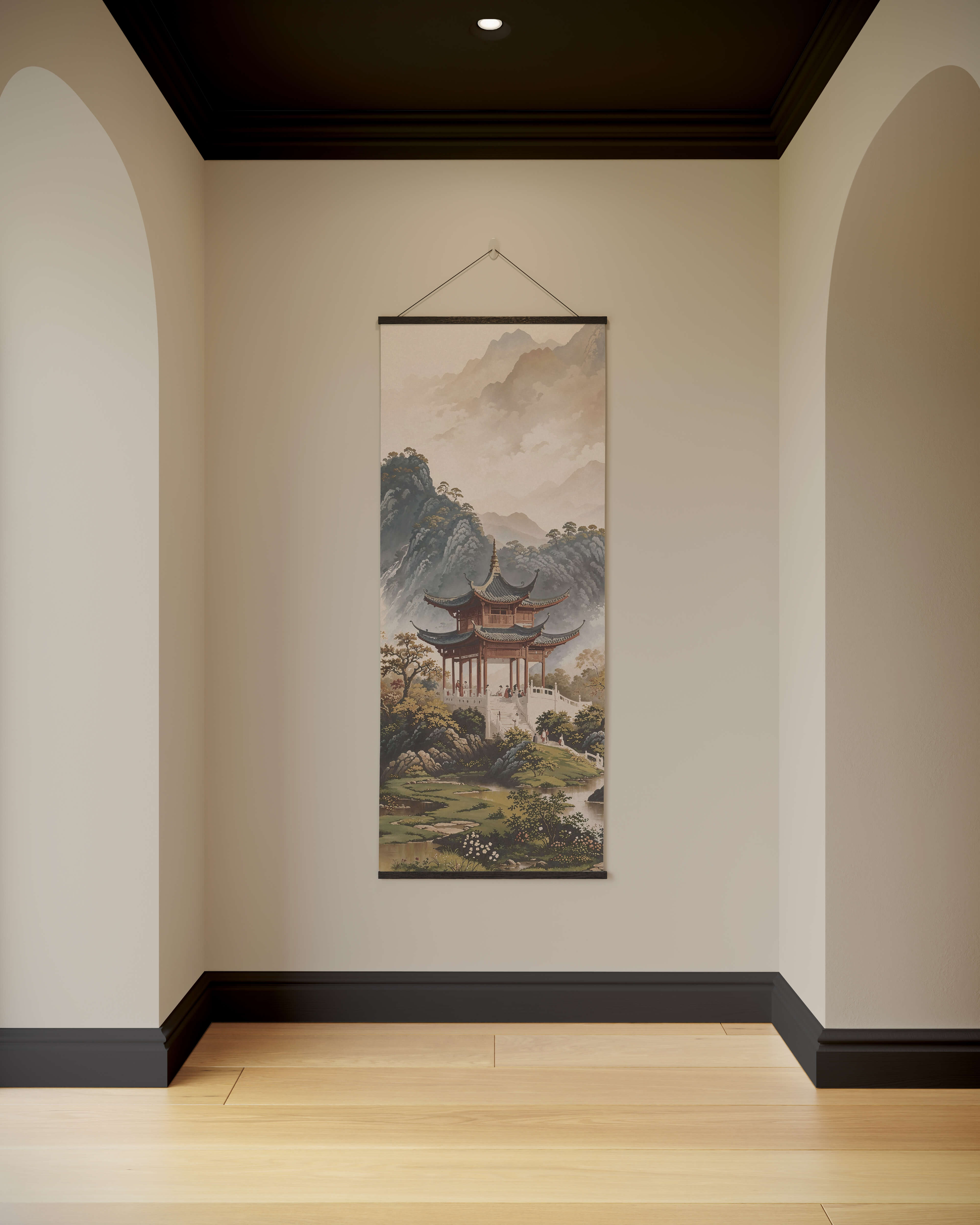 A japanese garden tapestry featuring a vertical scroll painting of a traditional pavilion in misty green mountains framed in dark wood