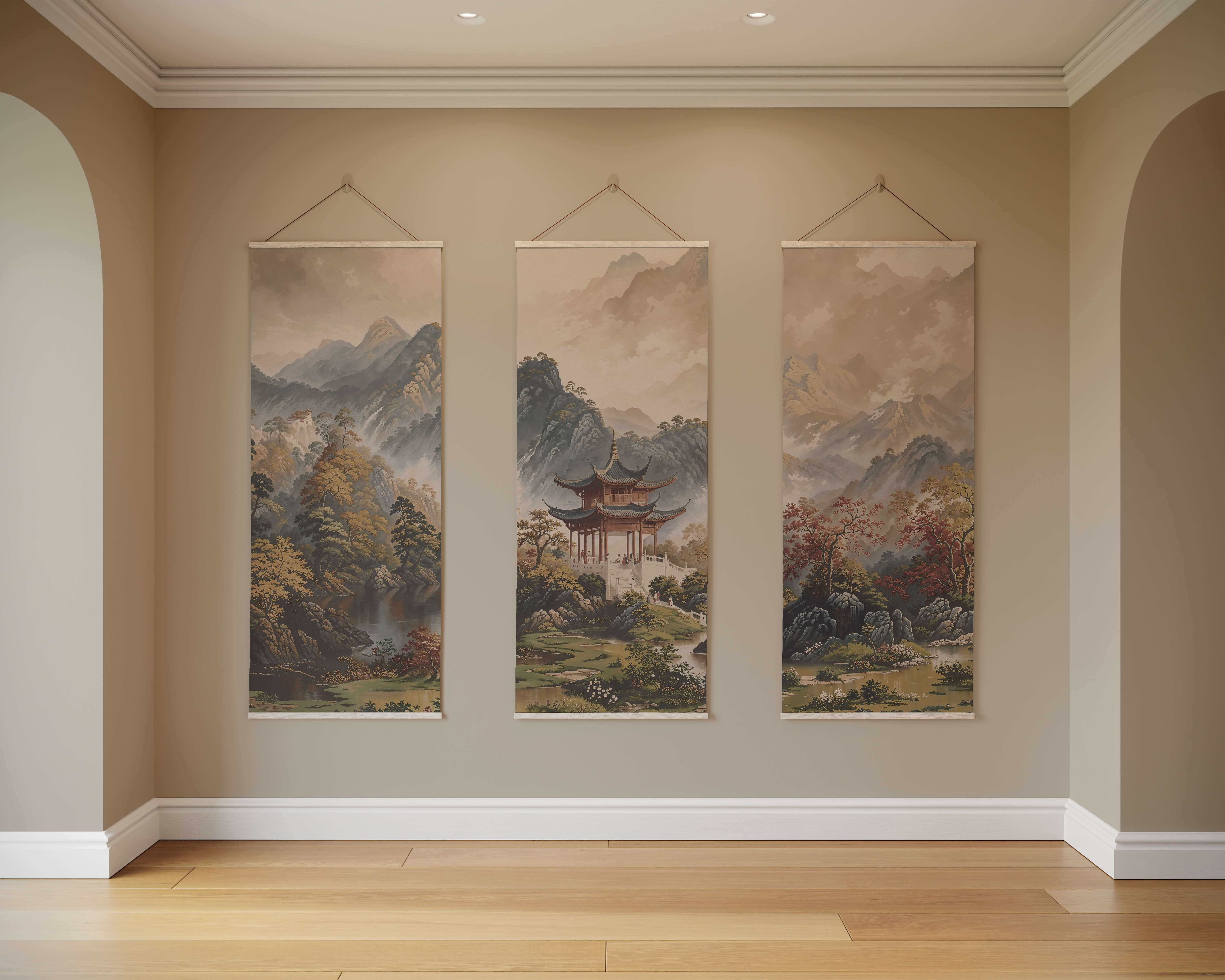 Three vertical scroll style wall hangings with misty mountain landscapes in muted tones for a japanese garden tapestry