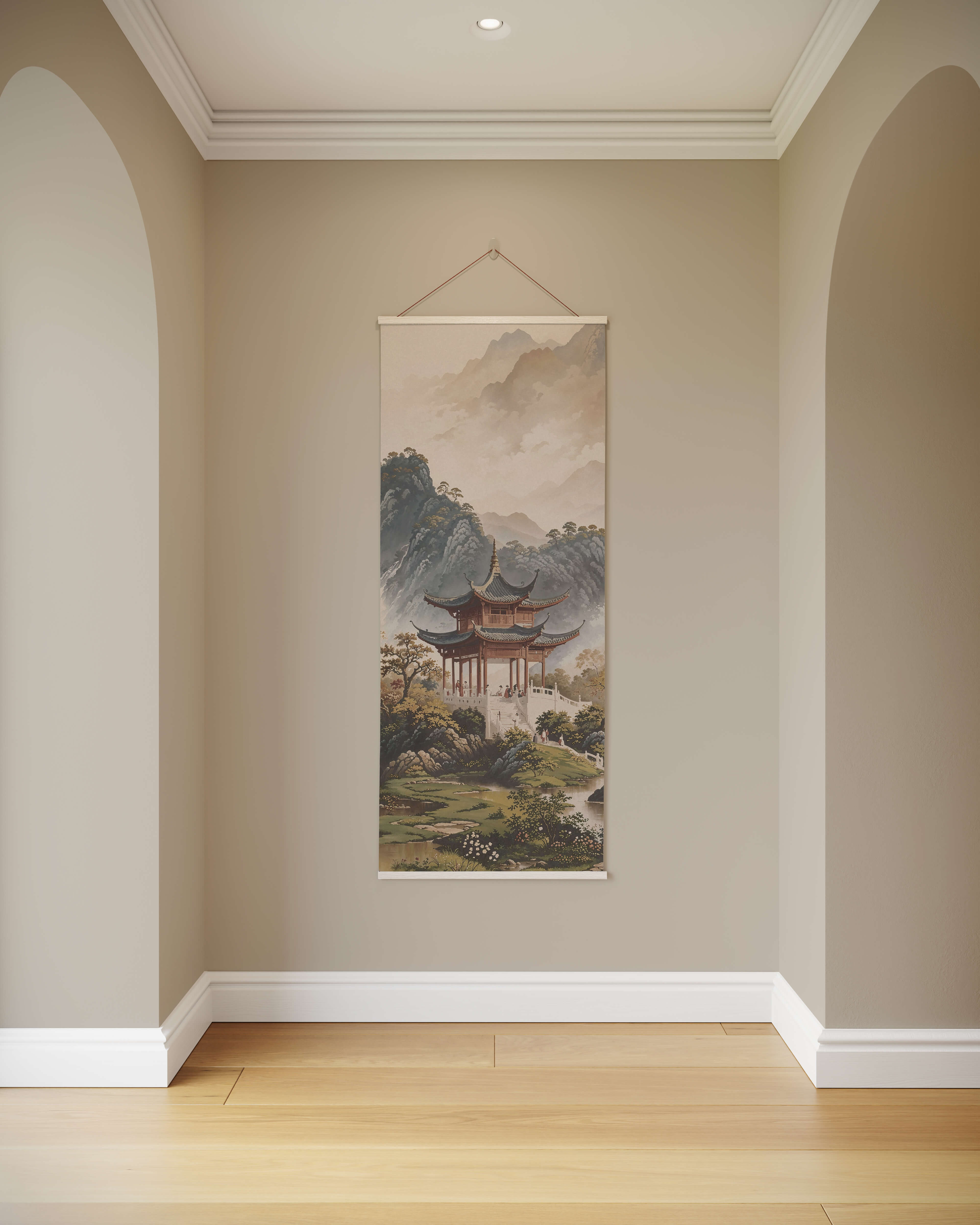 A japanese garden tapestry featuring a vertical scroll painting of a pavilion in misty mountains with greenery
