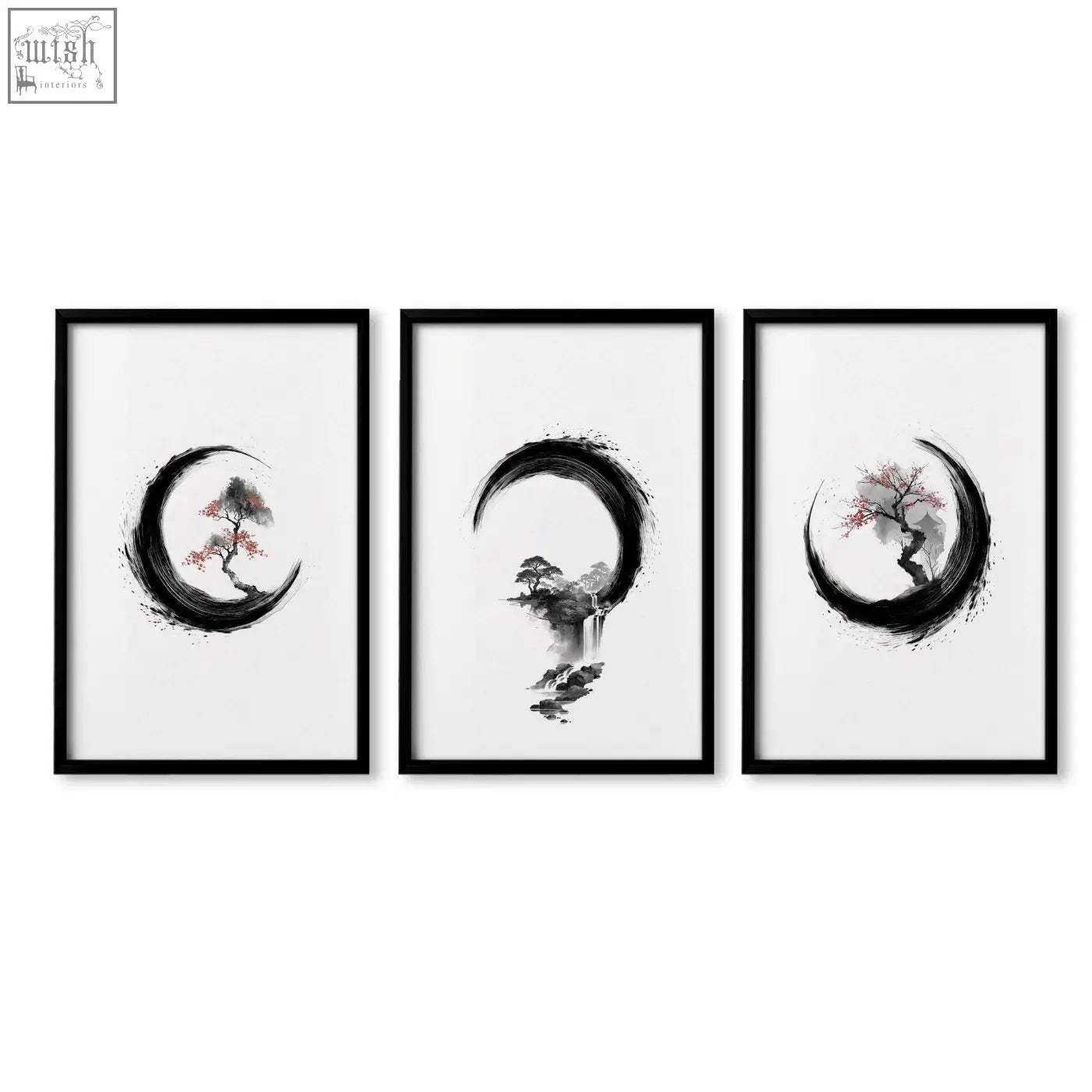 Set of three minimalist black-framed japanese wall art prints featuring ink wash landscapes with trees and crescent moons